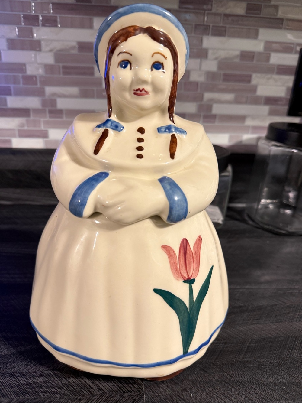 Cream and Blue Ceramic Dutch Girl Cookie Jar with Pink Tulip